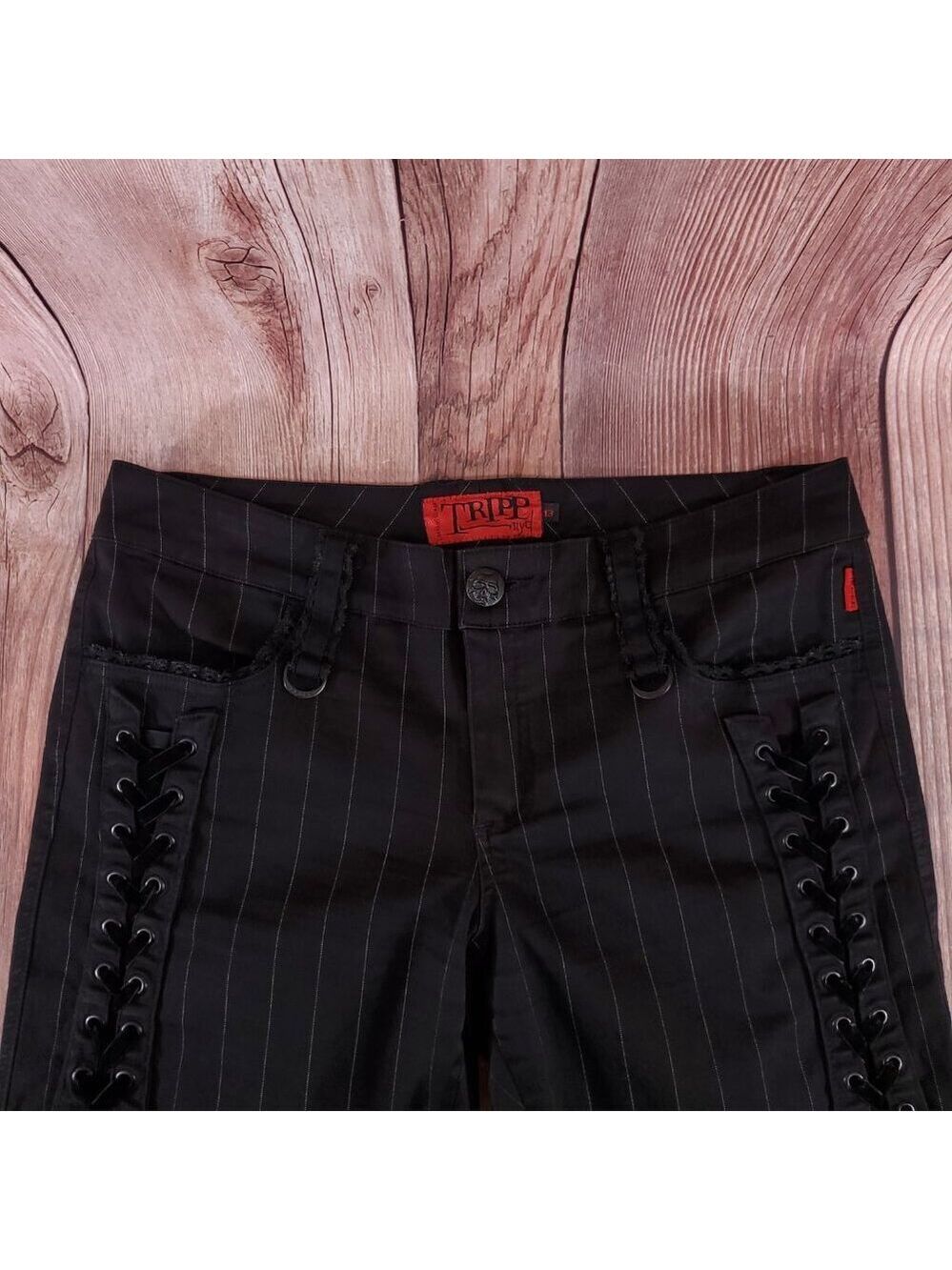 Vtg Tripp NYC Sz 13 Striper Black Tone Boot Cut Pants Pinstripe Goth Punk Y2K - Picture 3 of 15